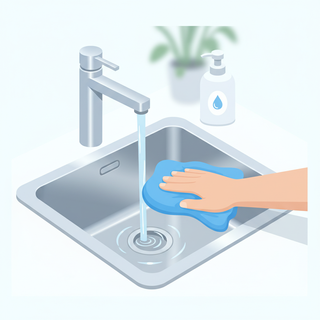 A clean, modern flat illustration depicting the preparation steps for cleaning a stainless steel sink. The illustration shows a shiny, empty sink basin. A gentle stream of water runs from a faucet into the basin. A disembodied hand holding a soft, blue microfiber cloth gently wipes the inside of the sink, demonstrating the act of thorough cleaning. Nearby, a bottle of mild dish soap is visible. The scene should convey cleanliness, care, and readiness for further treatment.