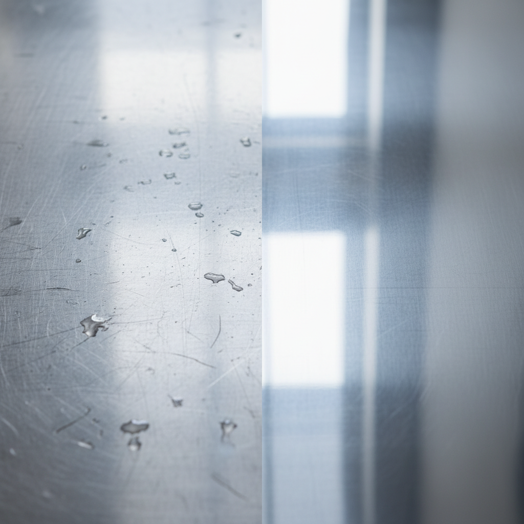A professional, high-detail product photo showcasing a horizontal stainless steel surface, possibly a kitchen countertop or a section of an appliance. The image is conceptually divided. On the left side, the surface exhibits several visible scratches and dull spots, clearly showing wear and tear. On the right side, the exact same surface appears flawlessly smooth, highly polished, and reflective, shining brightly without any imperfections. The transition between the damaged and restored sections should be subtle but clear, emphasizing the transformative effect of scratch removal. The lighting should highlight both the imperfections and the restored luster, creating a strong visual contrast.