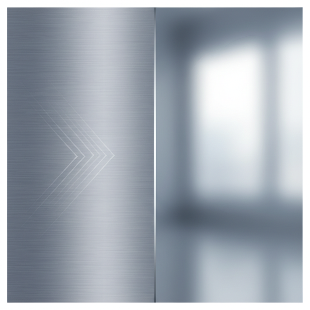 A modern, clean infographic-style illustration contrasting two distinct types of stainless steel surfaces. On the left, a close-up of 'brushed' stainless steel, clearly showing its characteristic fine, parallel lines and a matte, textured appearance. An abstract visual element, like a subtle arrow or a faint motion blur, could suggest a directionality following the grain. On the right, a close-up of 'polished' stainless steel, depicted as a smooth, highly reflective surface with a mirror-like sheen. The illustration should emphasize the visual differences in texture and reflectivity between the two types, using subtle metallic gradients to convey depth and material quality.