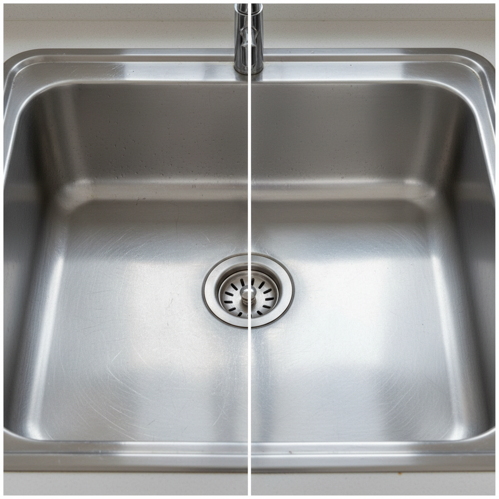A split-screen or side-by-side professional photograph of a stainless steel kitchen sink. The left side displays a dull, scratched surface with visible hairline marks and minor abrasions, hinting at wear. The right side shows the identical sink area, impeccably clean, gleaming, and highly reflective, appearing brand new with no visible imperfections. The lighting is bright and even, emphasizing the stark contrast and successful restoration of shine.