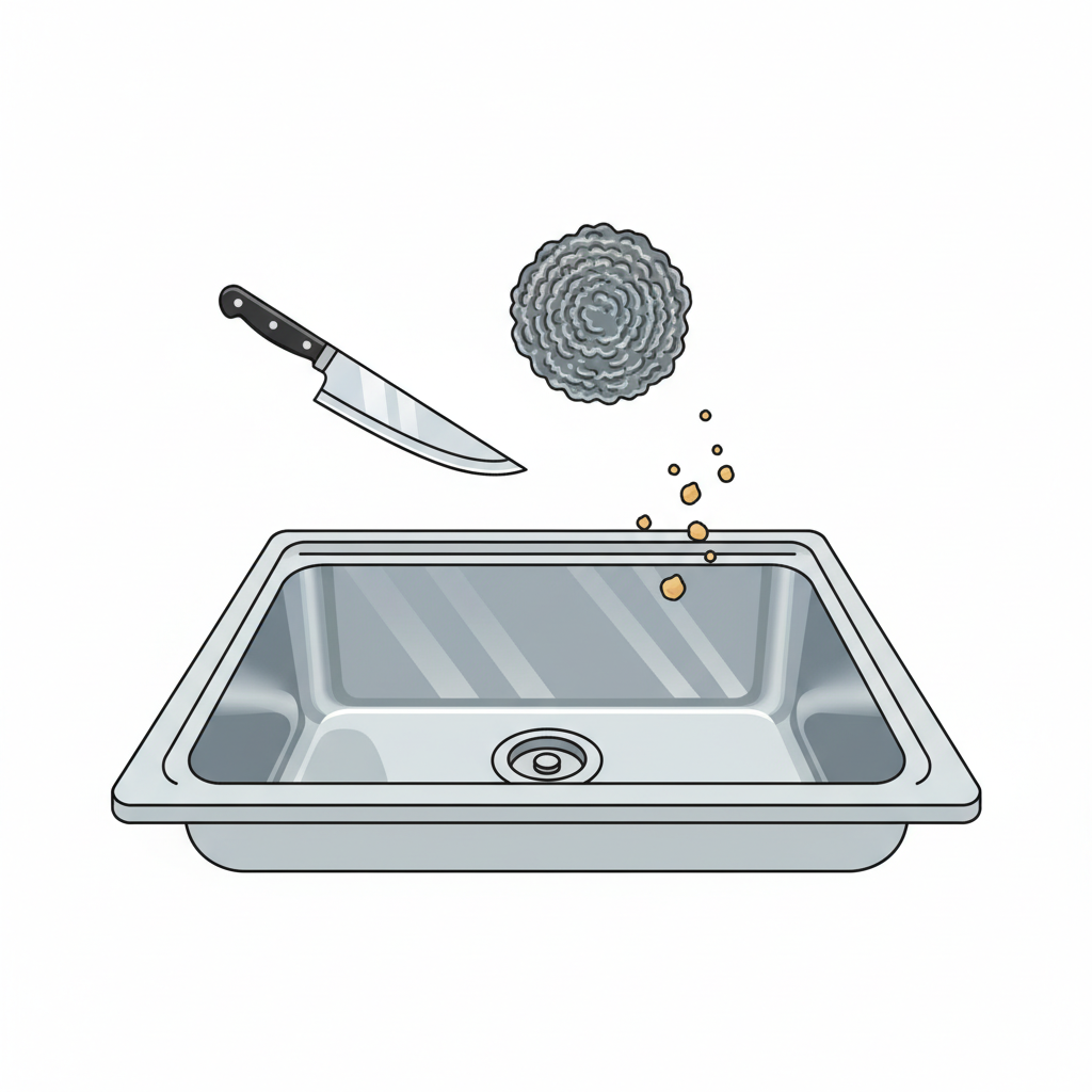 A minimalist flat illustration depicting the common causes of scratches on a stainless steel sink. The illustration shows a pristine sink basin. Above or subtly near the sink, various objects are floating or positioned: a sharp kitchen knife with a metal blade, a coarse steel wool scouring pad, and a few scattered sand-like particles. The style is clean, modern, and symbolic, highlighting these items as potential threats without showing direct damage.
