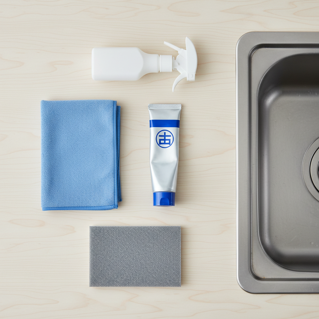 An overhead (flat lay) professional photo showcasing a curated selection of tools and products laid out on a clean surface next to a section of a stainless steel sink. The items include a tube of polishing paste, a microfiber cloth, a specialized fine-grit abrasive pad, and perhaps a small spray bottle for cleaning solution. The composition is neat and organized, with soft, even lighting to highlight the textures and materials.