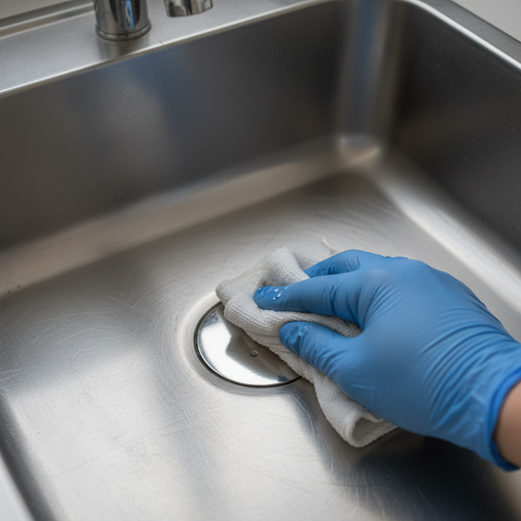 A close-up, realistic photo of a gloved hand actively polishing a stainless steel kitchen sink. The hand is holding a soft cloth or a specific polishing tool, making circular motions over a visibly scratched area. Subtle hints of reflected light can be seen on the freshly polished sections, while some remaining faint scratches are visible nearby, illustrating the ongoing process of scratch removal. The focus is on the action and the immediate area being treated.