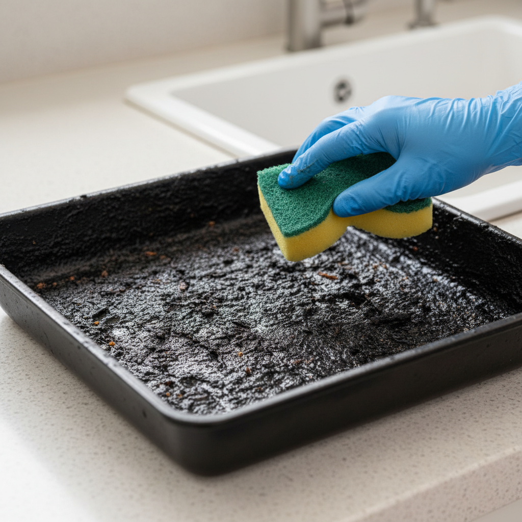 A professional photo, close-up, of a heavily burnt baking pan (Fettpfanne) on a clean kitchen counter. The pan's interior and edges are covered in thick, dark, stubborn, baked-on grease and food residues, highlighting its challenging state. A gloved hand holds a scrubbing sponge, poised just above the pan, ready to tackle the grime. The focus is sharp on the burnt residues, creating a tangible sense of the cleaning task ahead, presented with clear, natural lighting to emphasize realism.