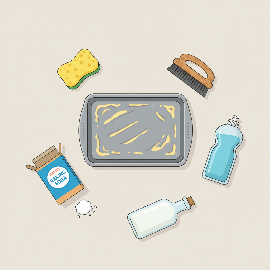 A vibrant, clean flat illustration showcasing a top-down view of a collection of items used for cleaning a baking pan. In the center, a metal baking pan, visibly needing a good clean but not heavily burnt. Arranged around it are various cleaning tools and common household remedies: a soft dish sponge, a scrubbing brush, a generic bottle of liquid dish soap, an open box of baking soda, and a bottle of white vinegar. The objects are neatly organized on a light background, suggesting preparedness and multiple approaches.