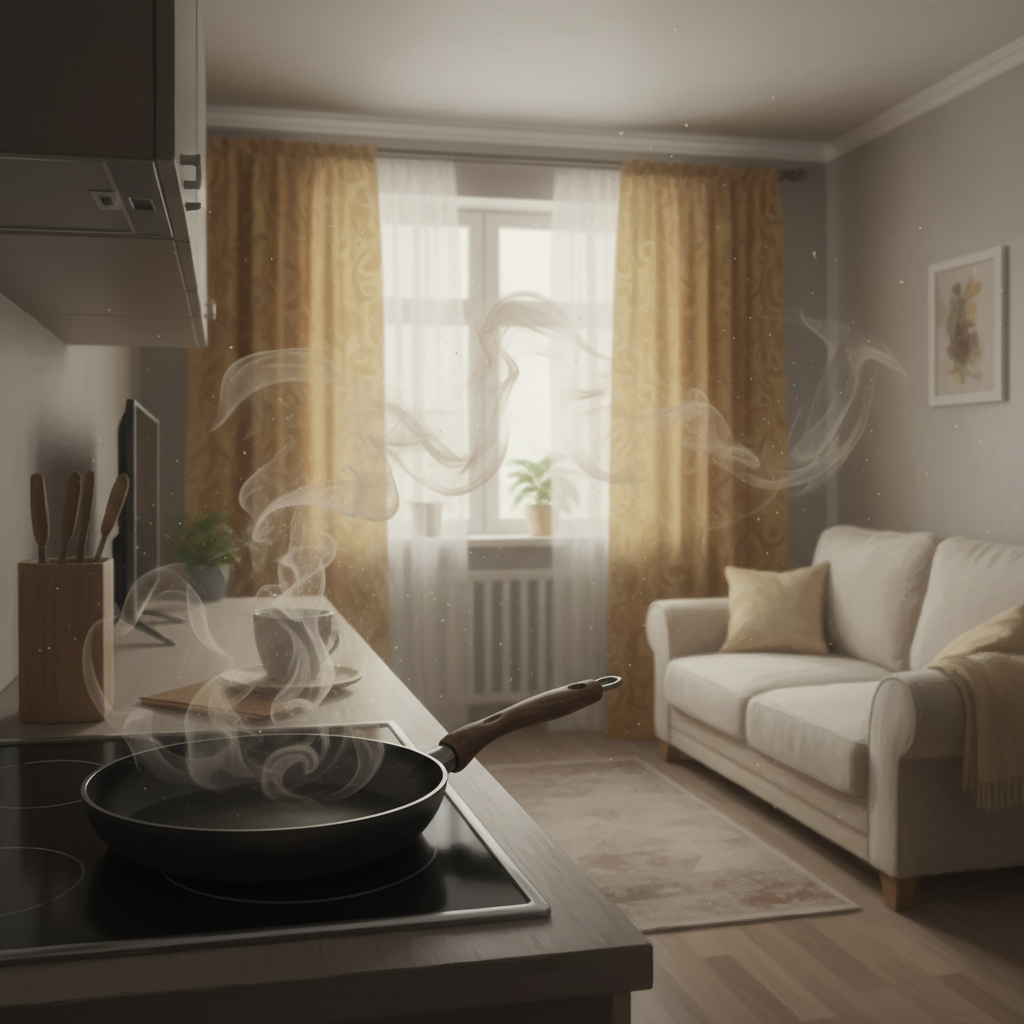 A cozy apartment kitchen and adjacent living area, subtly filled with an unpleasant, lingering odor after cooking. A frying pan sits on a stove, emanating faint, visually represented wavy, brownish-grey odor particles that spread through the air and settle on soft furnishings like a sofa and curtains. The atmosphere feels slightly stale despite the quiet. Style: Realistic digital painting with a slightly muted color palette to convey staleness, focusing on the visual representation of unseen odors.