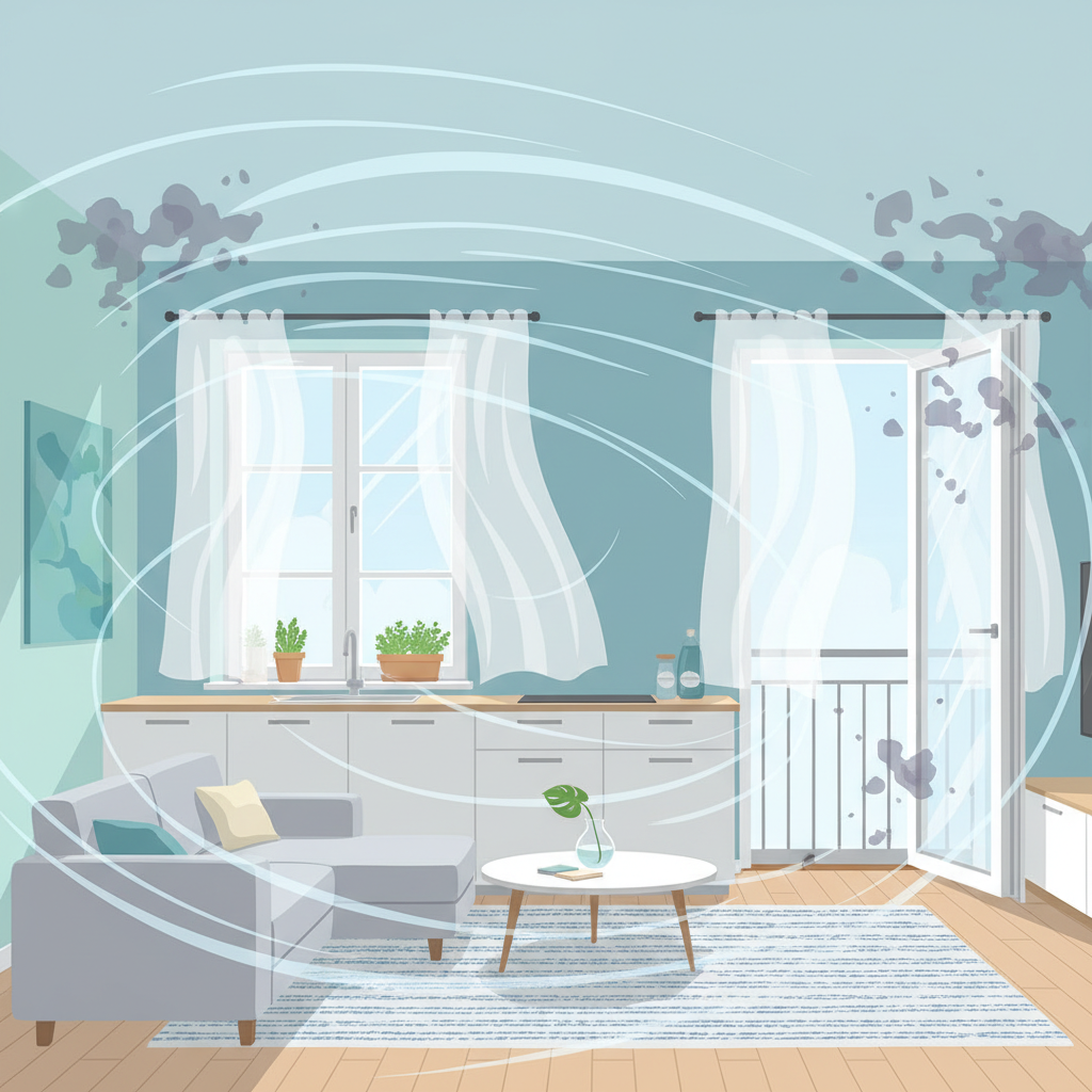 A bright, airy apartment interior (kitchen/living room combo) with multiple windows and a door flung wide open, creating a strong visual sense of airflow. Curtains billow inward, and subtle, clear air currents (represented by light, dynamic lines) sweep through the room, visibly pushing out abstract, dark wisps representing old odors. A feeling of freshness pervades the space. Style: Clean, modern flat illustration with a vibrant, fresh color scheme, emphasizing movement and air circulation.
