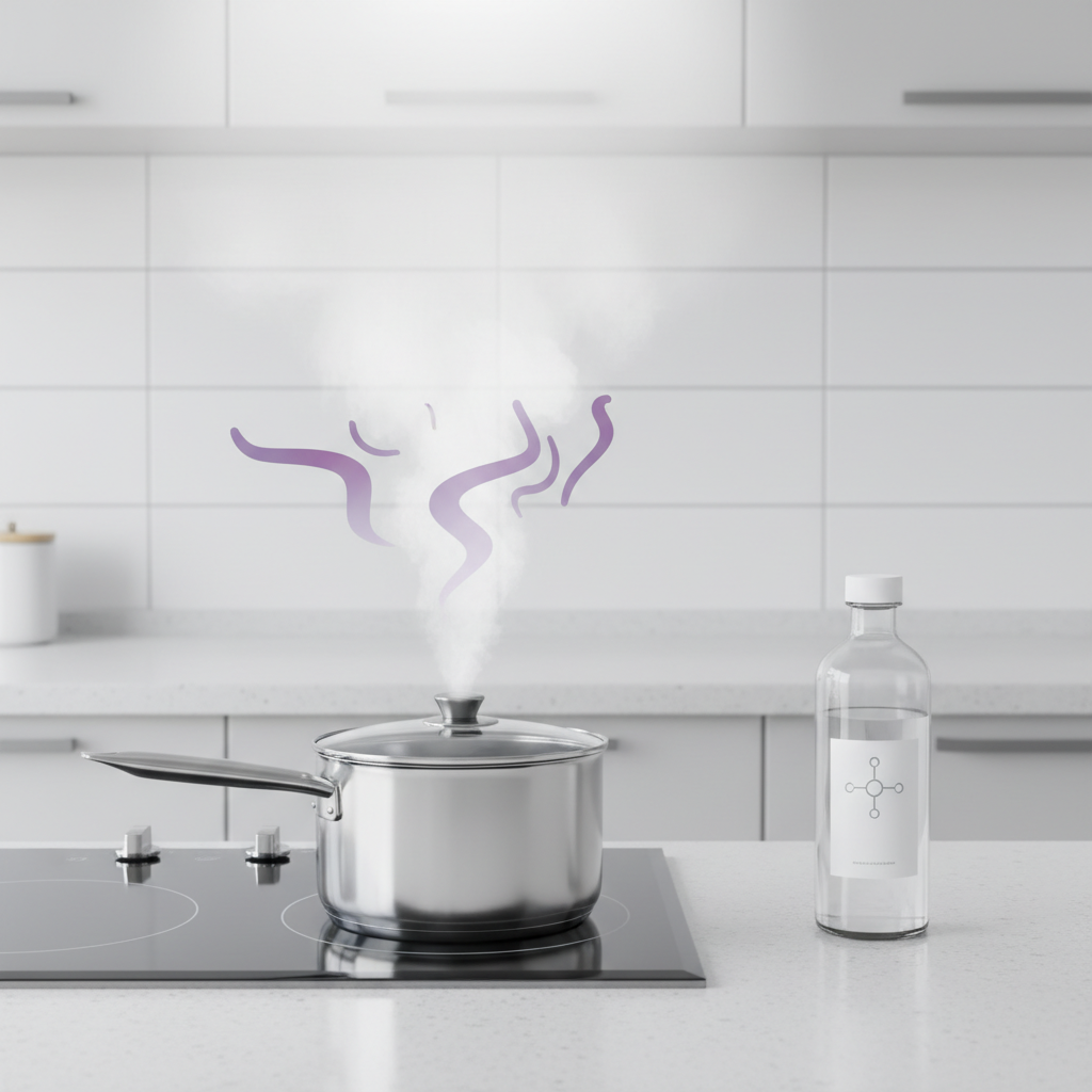 A close-up of a stovetop in a clean, modern kitchen. A small pot is gently simmering, with a visible plume of steam rising from it. A bottle of white vinegar stands nearby, indicating its use. Abstract, wavy 'odor' particles in the air directly above the pot appear to be dissipating or being absorbed into the rising steam, illustrating the neutralizing effect. Style: Detailed infographic-style illustration with a clean, educational aesthetic, using subtle gradients for steam and abstract odor visualization.