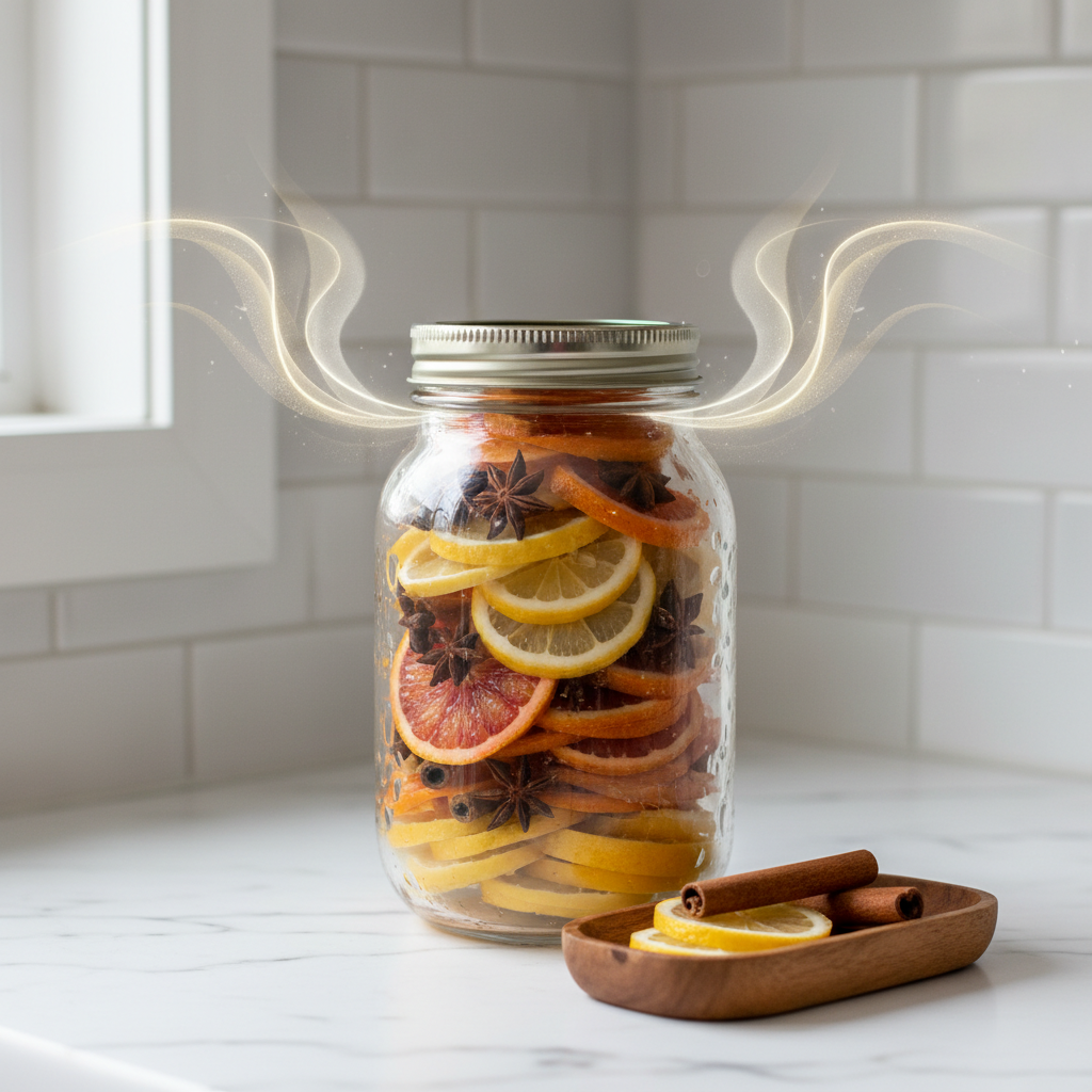 A beautifully styled corner of a kitchen counter or a small side table. A rustic bowl or glass jar contains a vibrant arrangement of sliced lemons, oranges, cinnamon sticks, and star anise. A subtle visual aura of freshness or pleasant scent (e.g., soft, glowing wavy lines) emanates from the ingredients, suggesting a natural air freshener. Style: High-quality professional photo, bright and inviting, with a shallow depth of field to highlight the fresh ingredients.