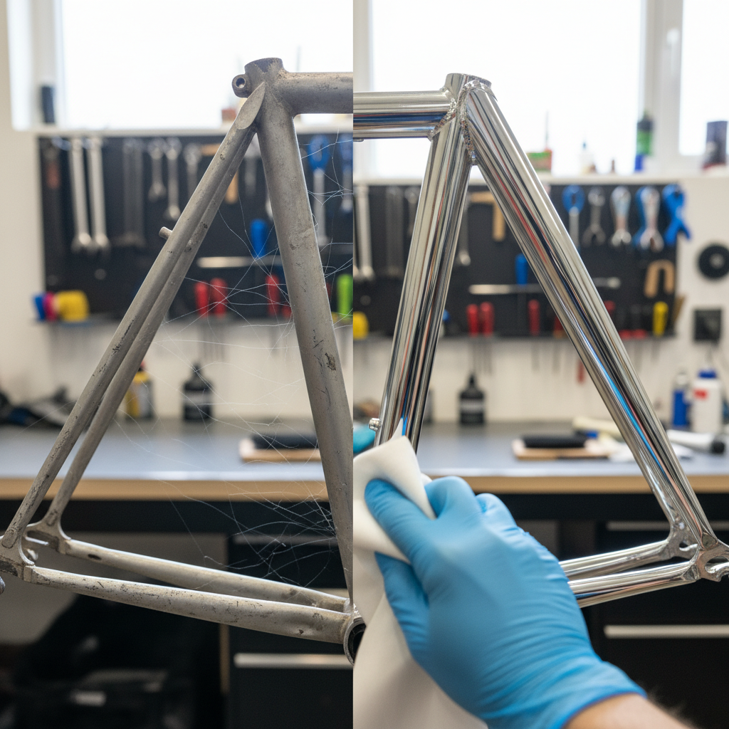A bicycle frame is depicted in a split composition, illustrating a dramatic 'before and after' transformation. One half of the frame shows numerous small, visible scratches and a dull finish, hinting at wear. The other half gleams brightly, perfectly smooth and reflective, as if newly restored. A blurred human hand, possibly wearing a glove, is gently buffing the shiny section with a soft cloth, emphasizing the restoration process. The scene is set in a bright, clean workshop environment, conveying a sense of care and professionalism. The focus is on the visual contrast of repair. Professional photo style.