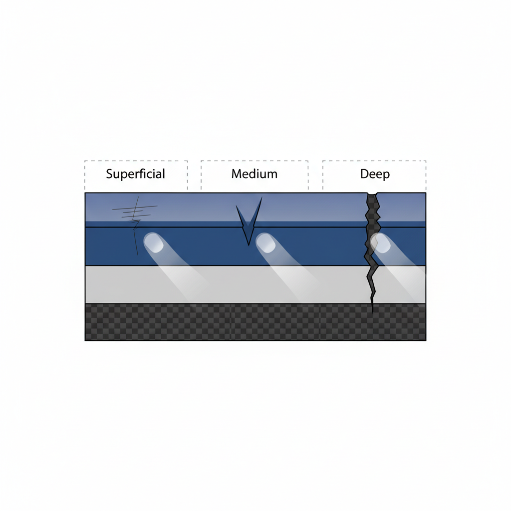 A detailed cross-section illustration of a bicycle frame's multi-layered paint finish. The illustration clearly differentiates three distinct types of scratches: superficial, shown as minor abrasions confined to the top clear coat; medium, penetrating deeper into the color layer but not reaching the primer; and deep, revealing the primer or even the underlying frame material (metal or carbon). A subtle, semi-transparent human fingernail is positioned near each scratch type, demonstrating how its depth would be assessed. Clean, infographic style illustration with clear visual separation of layers.