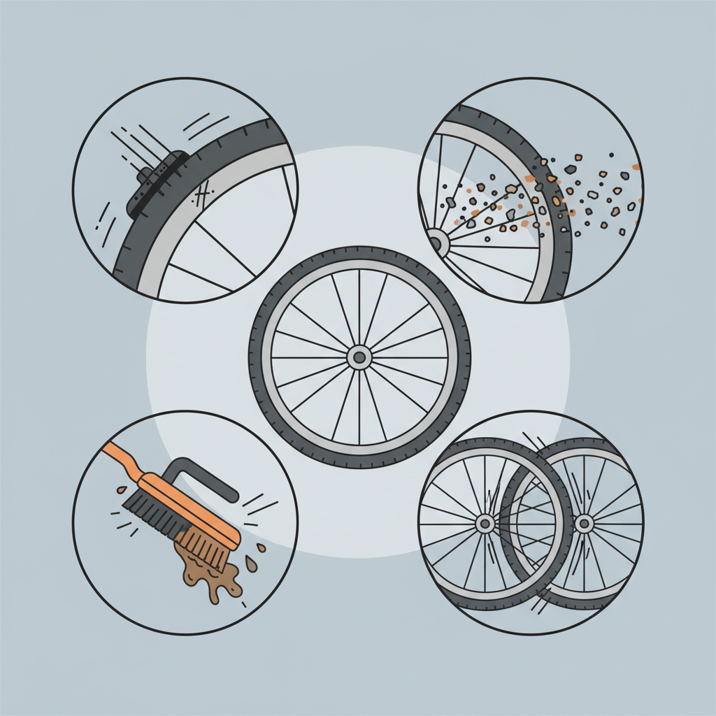 A detailed flat illustration in an infographic style, depicting multiple common causes of scratches on a bicycle rim. A central bicycle rim is surrounded by several small, distinct visual vignettes: one showing a brake pad with small abrasive particles rubbing against the rim, another with tiny road debris or stones flying towards the rim, a third illustrating an overly harsh brush scrubbing the rim, and a fourth depicting two bicycles stored tightly together, their rims touching. Each scene clearly communicates a cause without any text.