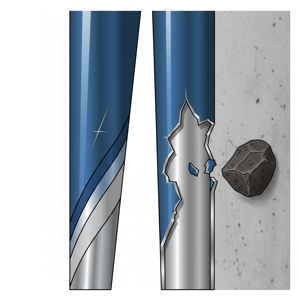 A close-up, cutaway view of a bicycle frame, illustrating two distinct types of paint damage. On one side, a fine, superficial hairline scratch visible only in the glossy clear coat. On the other side, a deeper gouge revealing multiple layers of paint (topcoat, basecoat, primer) and possibly the metal substrate beneath. Around the deeper scratch, subtle visual cues like a small, sharp pebble or a textured wall suggest common causes. The overall style should be a clean, detailed infographic illustration with a slightly exaggerated perspective to clearly highlight the layers and the nature of the damage.