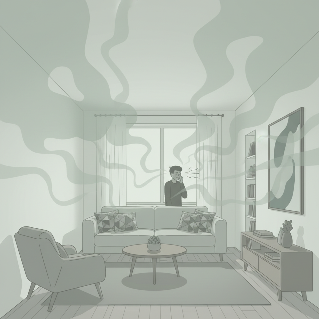 A cozy apartment living room, freshly painted but with a palpable, unpleasant lingering chemical odor. Invisible, swirling greenish-grey wavy lines emanate subtly from the walls, filling the air and making it feel heavy. A person in the background, partially obscured, is gently pinching their nose, looking subtly uncomfortable. The overall atmosphere feels stagnant and unwelcoming despite the new paint. Style: Modern flat illustration with a slightly desaturated color palette, conveying a sense of discomfort.