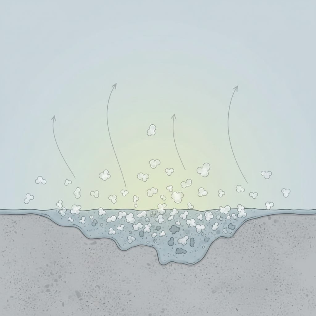 A detailed cutaway diagram illustrating the microscopic process of VOCs escaping from a freshly painted wall. The paint layer is clearly visible on a substrate. From the paint surface, numerous tiny, abstract, vapor-like molecules (representing VOCs) are actively detaching and dispersing into the surrounding air. Subtle arrows indicate their upward movement. The atmosphere immediately above the paint appears slightly hazy or 'charged'. Style: Clean, precise scientific infographic illustration with a focus on chemical release, using muted tones.
