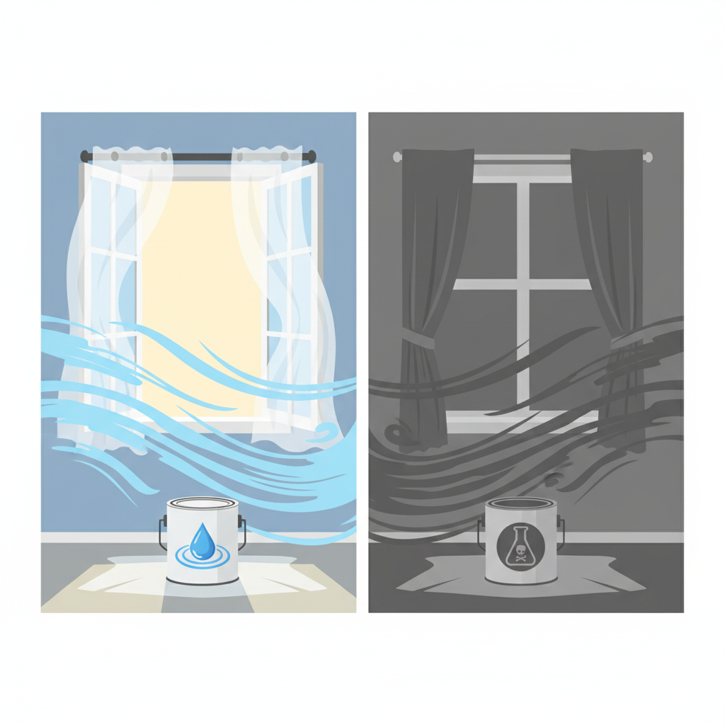 A split-screen or comparative illustration depicting two different room conditions side-by-side. On one side, a bright room with wide-open windows, strong airflow represented by swirling light blue lines, and a paint can with a clear stylized water drop icon. On the other side, a dimly lit room with closed windows, stagnant, heavy air depicted by denser, darker grey lines, and a paint can with a stylized chemical flask icon, suggesting a high-VOC paint. Style: Clean, contrasting vector illustration, emphasizing the difference in air quality.