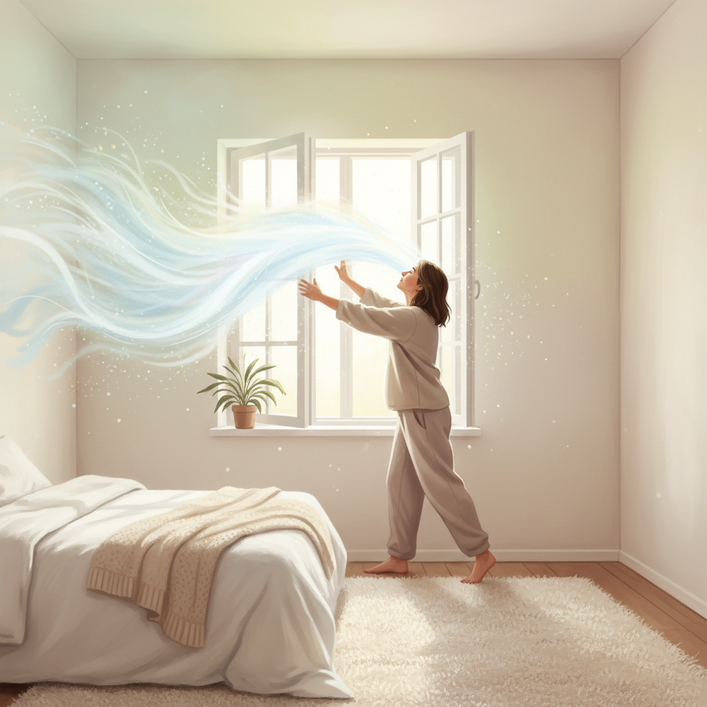 An indoor scene, perhaps a bedroom, looking recently painted. A person is actively opening a window wide, letting in a vibrant stream of fresh, clean air represented by bright, swirling white and light blue wisps. The air inside the room, prior to the fresh air, is subtly tinged with a faint, oppressive yellow-green haze originating from the freshly painted walls, symbolizing the lingering odor being pushed out. Style: Warm and inviting digital painting with a focus on contrast between stale and fresh air, showing relief.