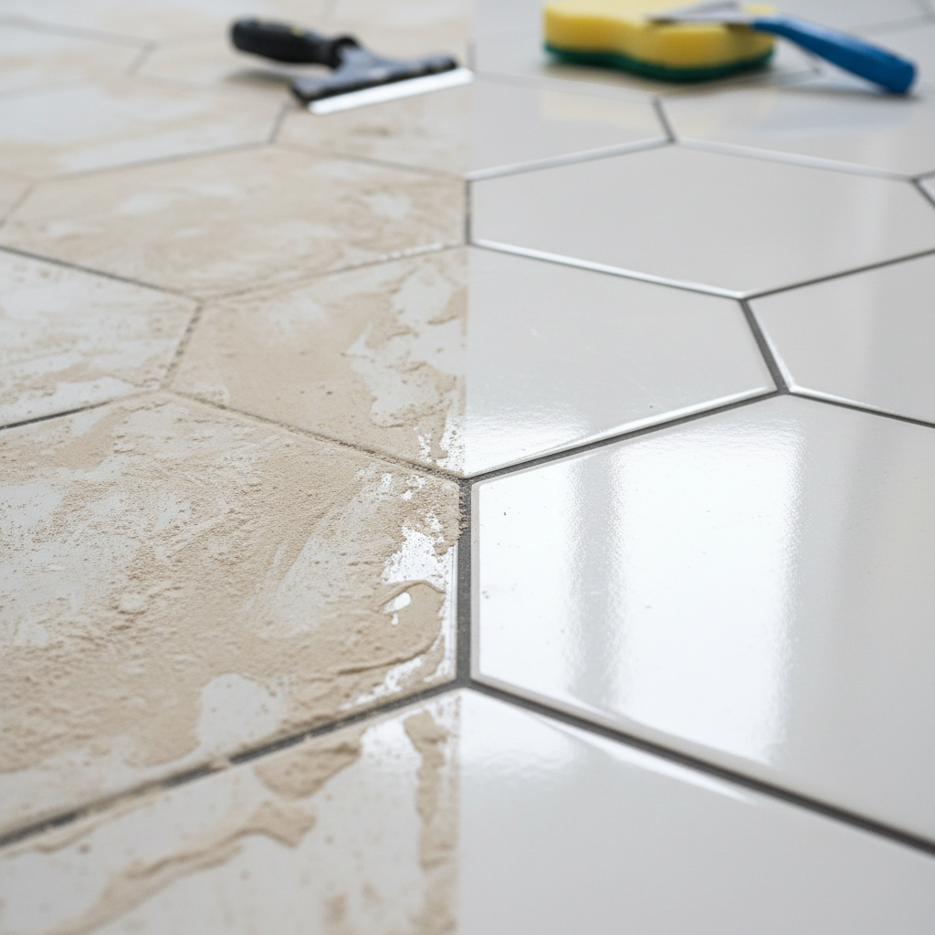 A close-up, high-contrast professional photo showing a section of wall or floor tiles. One half of the image depicts tiles heavily splattered with dried, light-colored paint, looking messy and dull. The other half, seamlessly transitioning, shows the exact same tiles perfectly clean, glossy, and reflecting ambient light beautifully. In the background, slightly blurred, are hints of cleaning tools like a scraper or a sponge, emphasizing the transformation from dirty to pristine.