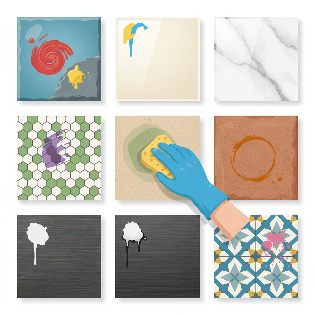An informative flat illustration depicting various tile types arranged in a grid or sequence. Each tile (e.g., smooth ceramic, textured natural stone, glossy porcelain) has a small, distinct paint splat or streak on its surface. A gloved hand, holding a cleaning cloth or sponge, is gently wiping one of the paint splatters, illustrating the act of removal. The overall composition should be clean, bright, and easy to understand, highlighting the diversity of surfaces.