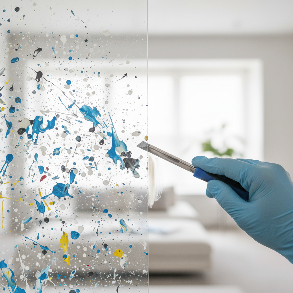 A close-up, high-resolution photo showing a clear glass surface, like a window pane or a glass tabletop, with a distinct 'before and after' effect. One half of the glass is covered with various dried paint splatters – some small drops, some smudges, in different colors (e.g., white, blue, black). The other half is sparkling clean and transparent, reflecting a clean environment. A gloved hand (e.g., white or blue latex glove) is subtly visible at the transition point, holding a cleaning tool like a scraper or a damp cloth, suggesting the act of removal. Focus on the contrast between the dirty and pristine areas.