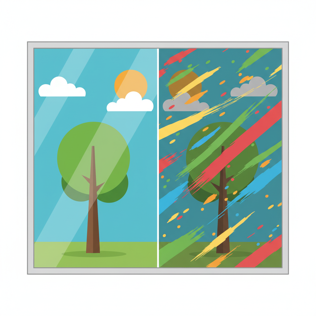 A clean, modern flat illustration depicting the impact of paint on glass. The image is split into two halves. On one side, a perfectly clear, pristine glass window allows an unobstructed, bright view of a simple, stylized outdoor scene (e.g., a green tree and blue sky). On the other side, an identical window pane is covered with scattered, colorful paint splatters and streaks, significantly obscuring and distorting the same outdoor scene, making it appear duller and less defined. The overall impression highlights reduced clarity and light transmission.