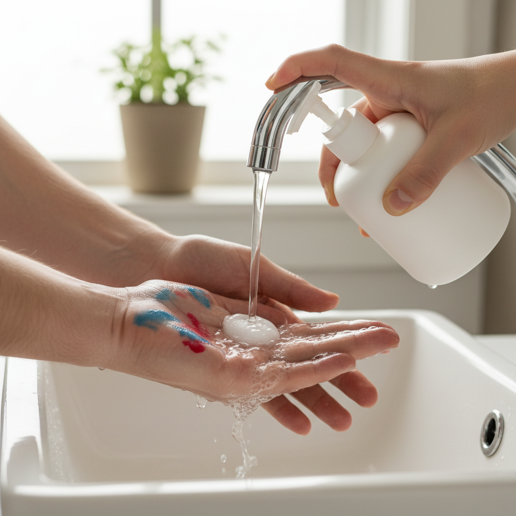 A close-up, professional photo of a pair of hands being washed under a gentle stream of warm water from a modern faucet. One hand has visible, slightly wet blue or red paint smudges on the palm and fingers. The other hand is applying a generous amount of white, soft lather from a liquid soap pump. The paint is actively dissolving and running off the skin, indicating the cleaning process. The background is a clean, bright bathroom sink area, subtly out of focus, emphasizing the action of washing paint away. The lighting is soft and natural.