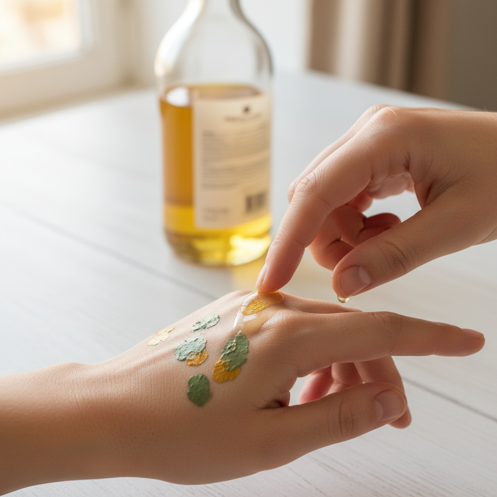 A detailed, realistic photo showcasing a home remedy for paint removal. One hand has small patches of dried, stubborn green or yellow paint on the back and knuckles. The other hand is gently massaging a small amount of clear, amber-colored cooking oil (like olive or vegetable oil) onto the painted areas, making the paint appear softened. In the softly blurred background, a simple, unbranded bottle of cooking oil rests on a clean, light-colored surface. The scene conveys a sense of effective, gentle treatment with household items, using warm, inviting natural lighting.
