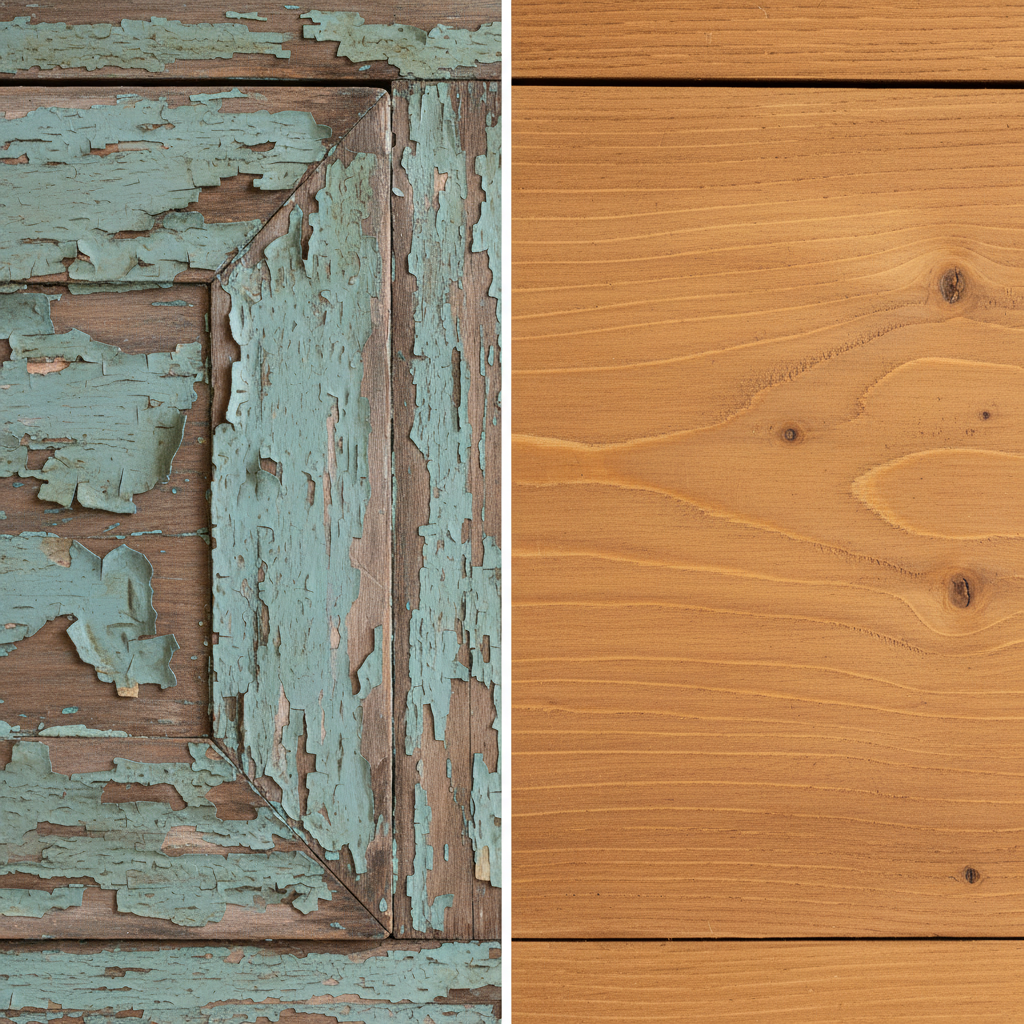 A close-up, professional photo showcasing a transformative moment on a wooden surface. On the left side, a section of an antique wooden drawer or door panel is covered in visibly old, chipped, and faded blue or green paint, showing signs of wear and tear. A clear, sharp line divides this from the right side, where the paint has been meticulously removed, revealing the rich, natural wood grain beneath, looking smooth and rejuvenated. The image should highlight the contrast between the dull, aged paint and the vibrant, restored wood, emphasizing the beauty of the hidden material. Use soft, natural lighting to enhance textures.