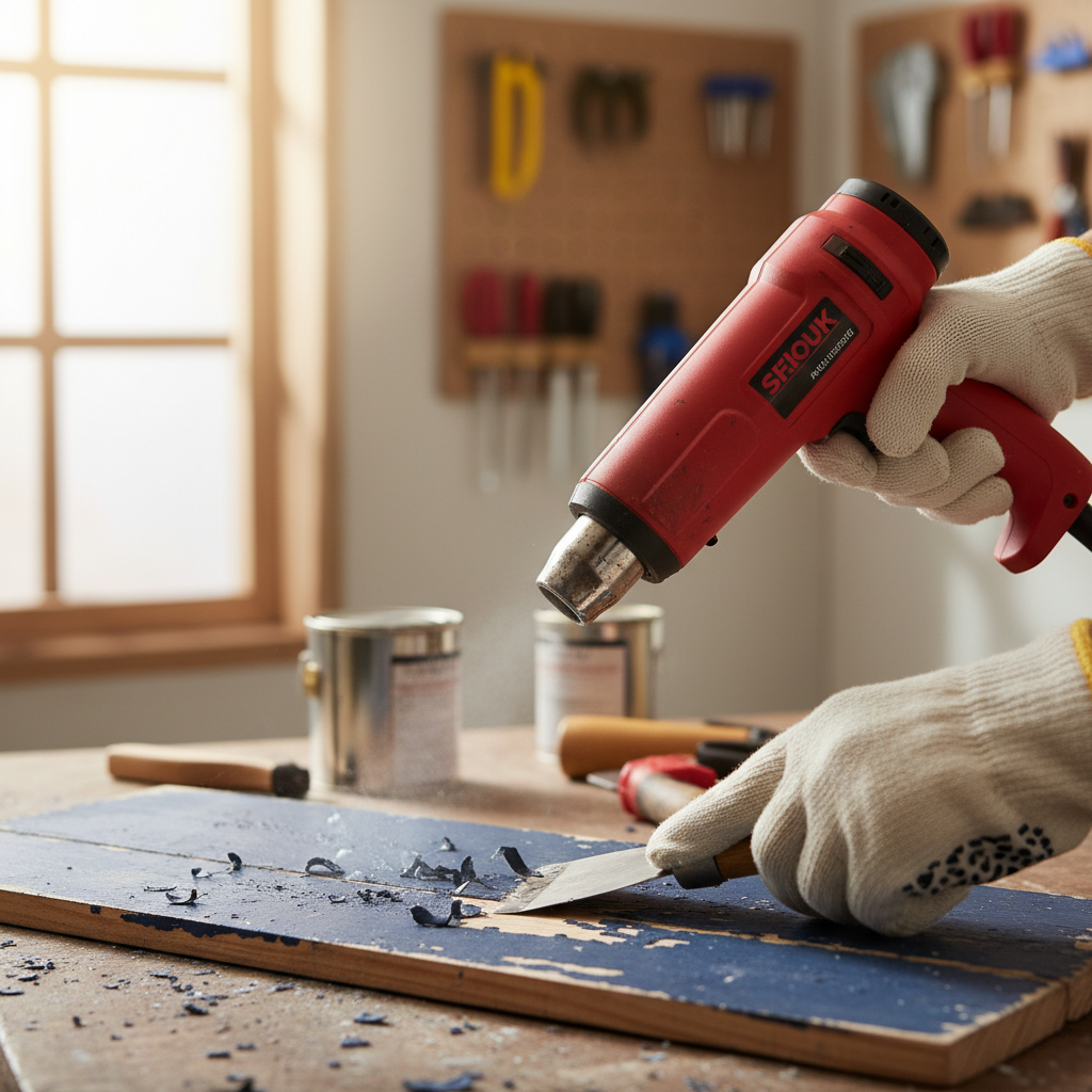 A detailed, professional photo showing the process of paint removal from a wooden surface. A pair of hands, wearing light-colored protective gloves, are actively engaged. One hand holds a heat gun, its nozzle directed towards a small section of an old, painted wooden board or furniture piece, causing the paint to gently bubble and lift. The other hand carefully uses a wide, flat scraper or spatula to peel away the softened paint, revealing the raw wood beneath. The background is slightly blurred to keep focus on the action and tools. Emphasize a clean, well-lit workshop or DIY setting.