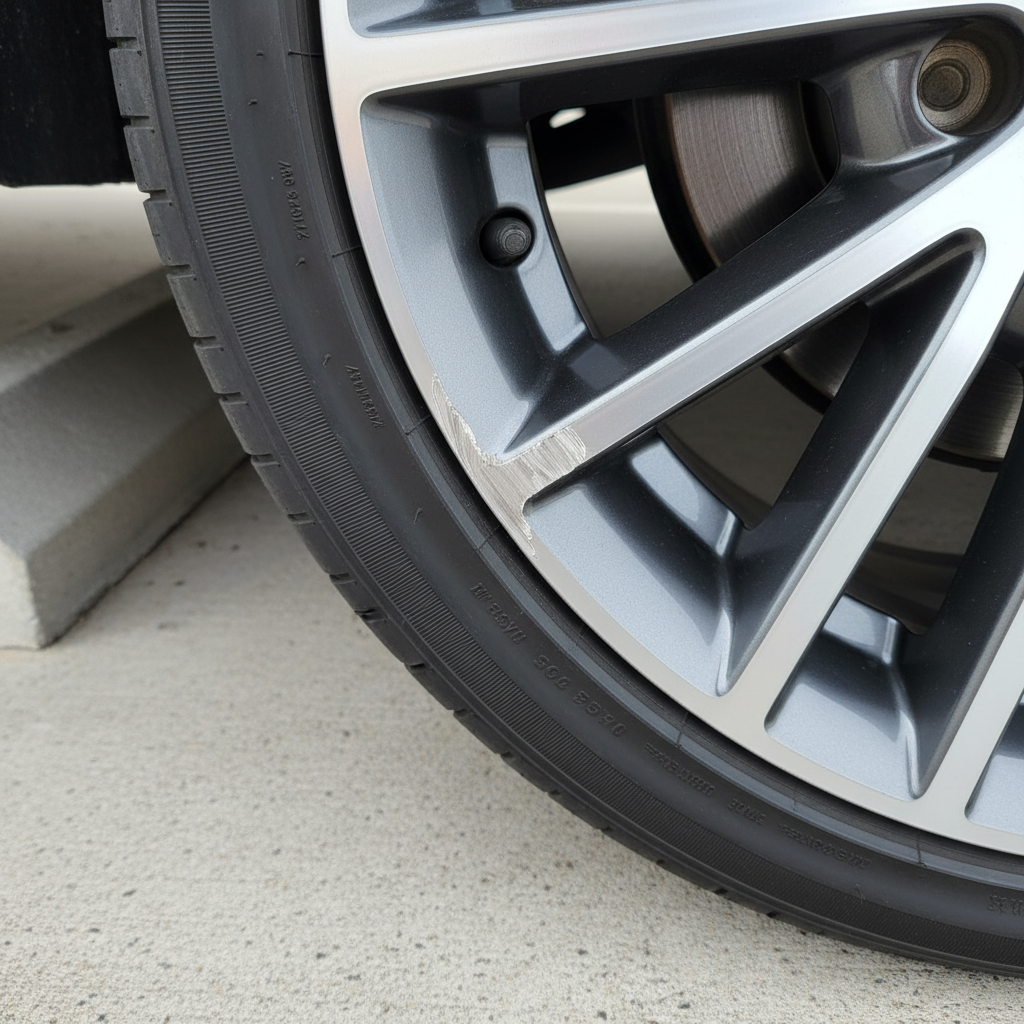 A close-up, eye-level shot of a modern car wheel with a prominent, noticeable scratch on the alloy rim. The scratch should be deep enough to show contrast, possibly revealing a lighter metallic color underneath the finish. The background is softly blurred, subtly suggesting a parking lot curb in the immediate vicinity of the wheel, without showing the full curb. The focus is sharply on the damaged area of the rim. Professional, high-resolution photo style.