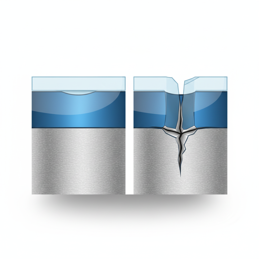 An infographic-style illustration depicting a detailed cross-section of a car rim's surface. One segment shows a superficial scratch, appearing as a slight indentation only in the topmost clear coat layer. Another segment, adjacent to it, illustrates a deep scratch, visibly penetrating through the clear coat, base coat, and into the underlying metal alloy layer. The distinct material layers (clear coat, base coat, metal) are clearly visible with different textures or colors. The overall style is clean, modern, and illustrative, emphasizing the varying depths of damage.