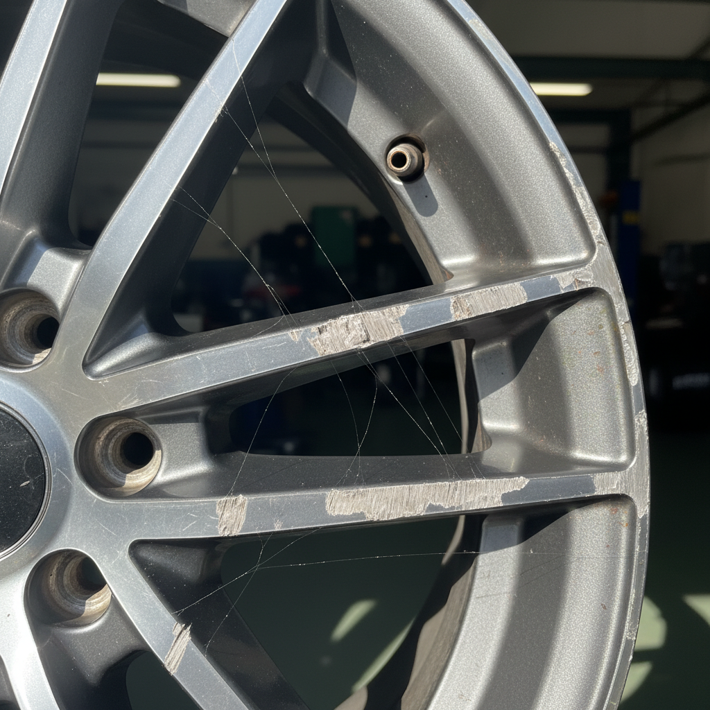 A close-up, slightly angled view of a modern car alloy wheel rim. The surface displays several noticeable scratches of varying depths: fine hairline scratches, deeper gouges, and a small area suggesting minor scuffing or curb rash. The metallic surface beneath some deeper scratches shows subtle signs of exposure or very early oxidation, hinting at potential corrosion. The lighting is strong, emphasizing the imperfections and texture of the damaged areas. The background is softly blurred, keeping the focus entirely on the rim's surface. Professional photo style, realistic, emphasizing detail and texture.