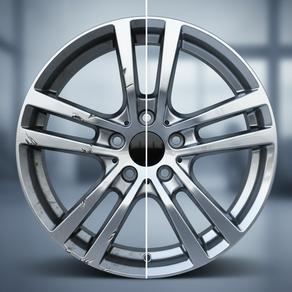 A conceptual illustration of a car wheel rim, visually divided down the center. One half of the rim is clearly depicted with various cosmetic imperfections: several visible scratches, scuffs, and a duller finish, representing the 'before' state. The other half of the same rim appears flawlessly pristine, highly polished, shiny, and perfectly smooth, reflecting a completely restored 'after' state. The division between the two states is sharp and clear, highlighting the stark contrast. Sleek, high-detail illustration with a polished, almost photorealistic finish, emphasizing transformation and perfection.