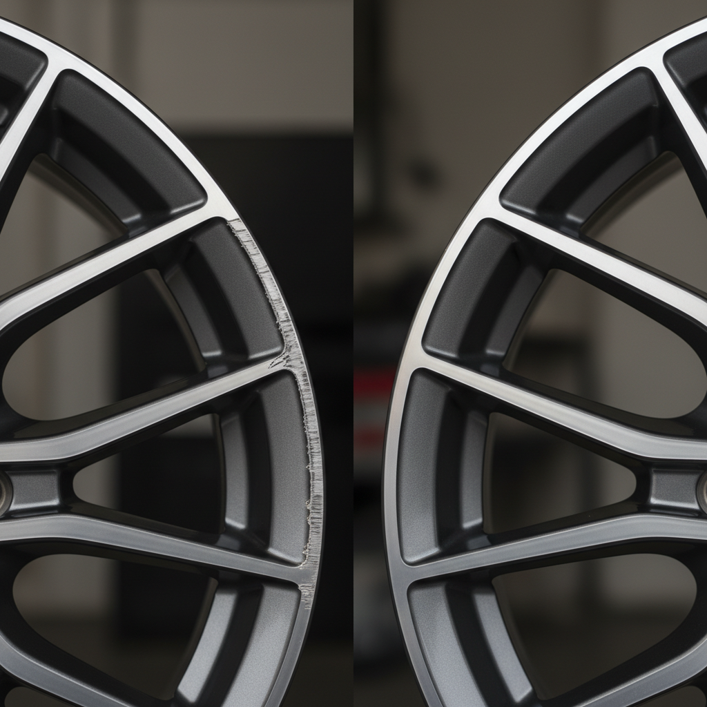 A close-up, high-definition split image of a car's alloy wheel rim. On the left side, the rim edge shows a visible, but not extreme, scuff mark or scratch, slightly dulling its surface. On the right side, the exact same section of the rim appears perfectly pristine, polished, and reflective, as if newly restored. The background is softly blurred, focusing entirely on the detailed texture and finish of the rim. This visual effectively contrasts the damaged state with the ideal repaired state. Professional photo, ultra-realistic, showcasing intricate detail.