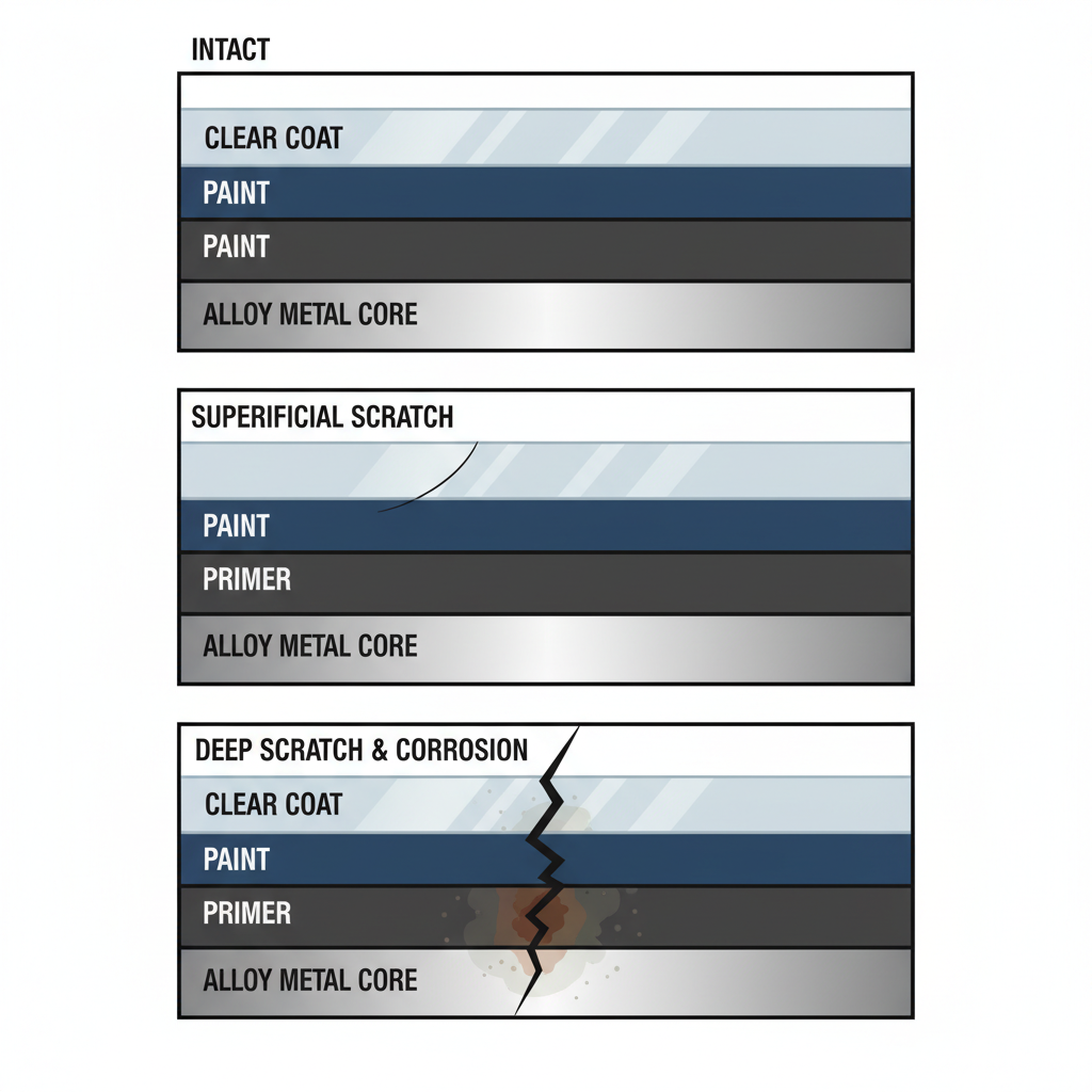 An infographic-style illustration depicting a magnified cross-section of a car rim edge. The image is divided into three sequential panels. The first panel shows a perfectly intact rim surface with its protective layers. The second panel illustrates a superficial scratch affecting only the clear coat. The third panel shows a deeper scratch penetrating through the paint layers down to the exposed metal core, with subtle visual cues of moisture accumulation or early stages of corrosion (e.g., a hint of discoloration at the deepest point). The overall impression is clean and diagrammatic. Flat illustration, detailed cross-section, educational aesthetic.