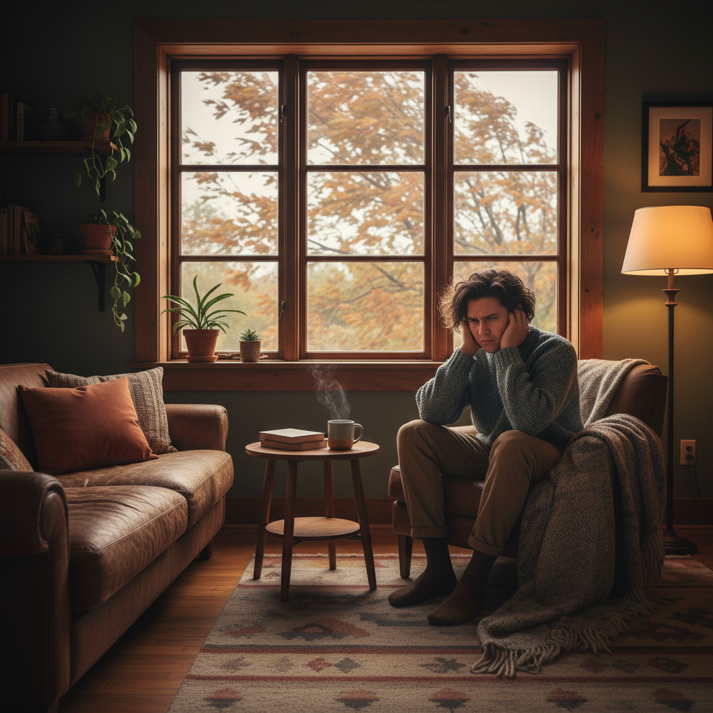 A professional photo capturing a cozy, slightly dim living room interior with a large window. Outside, subtle hints of strong wind, like blurry tree branches or swirling leaves, are visible. Inside, a person is seated near the window, subtly expressing mild frustration or annoyance, perhaps with a slight furrowed brow or a hand near their ear, suggesting a bothersome sound. The window frame is in focus, appearing slightly vulnerable to the elements.