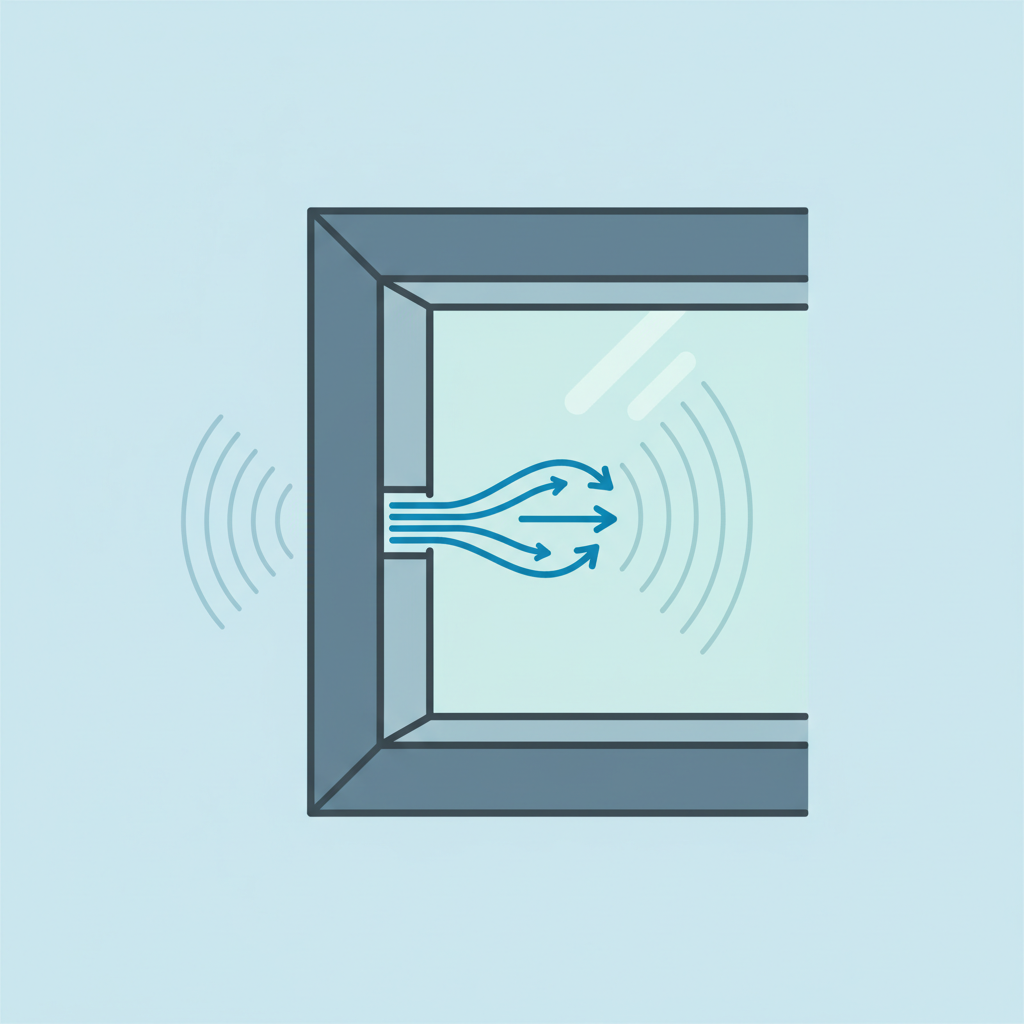 A clean, modern infographic-style illustration depicting a cross-section view of a window frame and glass. Show a subtle, narrow gap between the window sash and the main frame. Stylized blue lines or arrows represent wind currents flowing at high speed through this tiny opening. As the air passes through, subtle, concentric ripple patterns or subtle vibrations emanate from the gap, visually symbolizing the creation of a whistling sound. Use a limited, cool color palette.