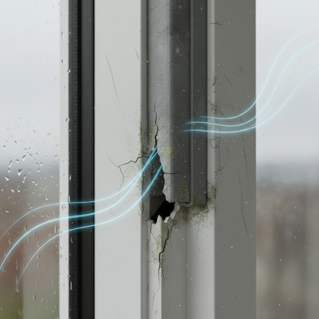 A highly detailed, macro-photography style digital illustration focusing on a segment of a window frame. The primary subject is an old, worn rubber or silicone window seal, clearly showing signs of damage such as small cracks, brittle texture, or a segment peeling away from the frame. Transparent, subtle air current lines are depicted pushing through these compromised areas, highlighting the leakage. Emphasize the texture and material degradation.