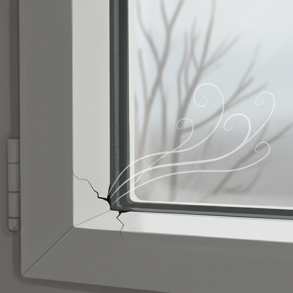 A close-up, realistic digital illustration focusing on the corner join of a window. One visual defect should be clearly presented: either a fine, jagged crack running across the material of the window frame (wood, PVC, or metal) OR a slightly visible, uniform gap where the window sash doesn't perfectly meet the frame, suggesting a misalignment or looseness. Transparent, wispy lines subtly indicate wind passing through this specific flaw.