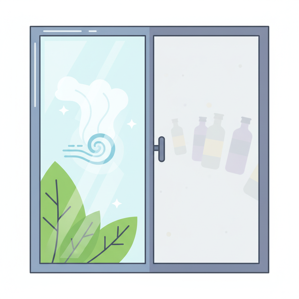A vibrant flat illustration in an infographic style depicting a large window pane divided conceptually. On one side, green leaves and a fresh air symbol emerge from a clean, sparkling section, with abstract steam clouds rising, representing eco-friendliness. On the other side, faint, abstract, generic representations of chemical bottles are receding, with a slightly hazy effect, symbolizing the absence of harmful agents. The overall impression is one of natural, healthy cleaning.