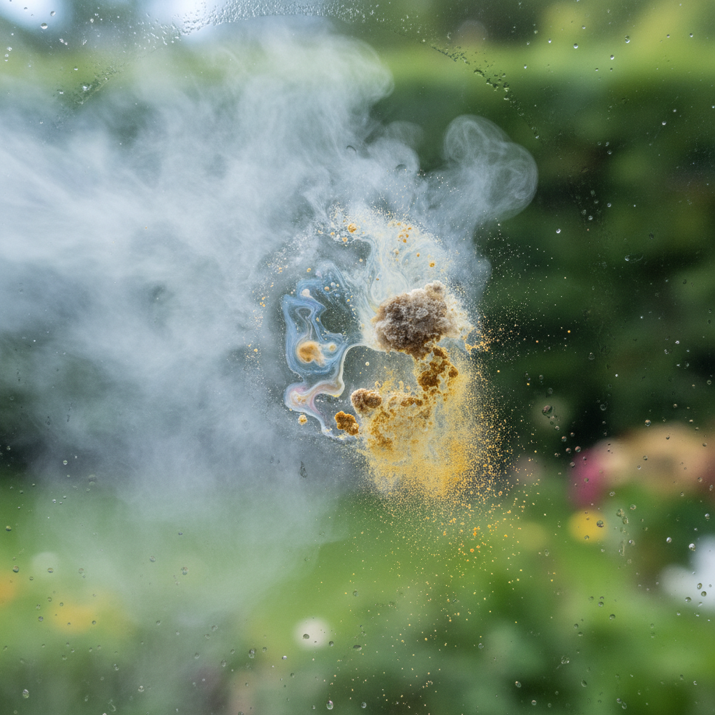 A detailed, close-up macro photograph or realistic digital painting showing a segment of a window pane being actively cleaned by hot steam. Focus on a patch of various stubborn dirt types – a greasy smudge, a speck of dried bird dropping, and some yellow pollen residue – visibly dissolving and lifting away under the influence of the intense steam. The surrounding glass is pristine and clear, highlighting the steam's powerful cleaning action.