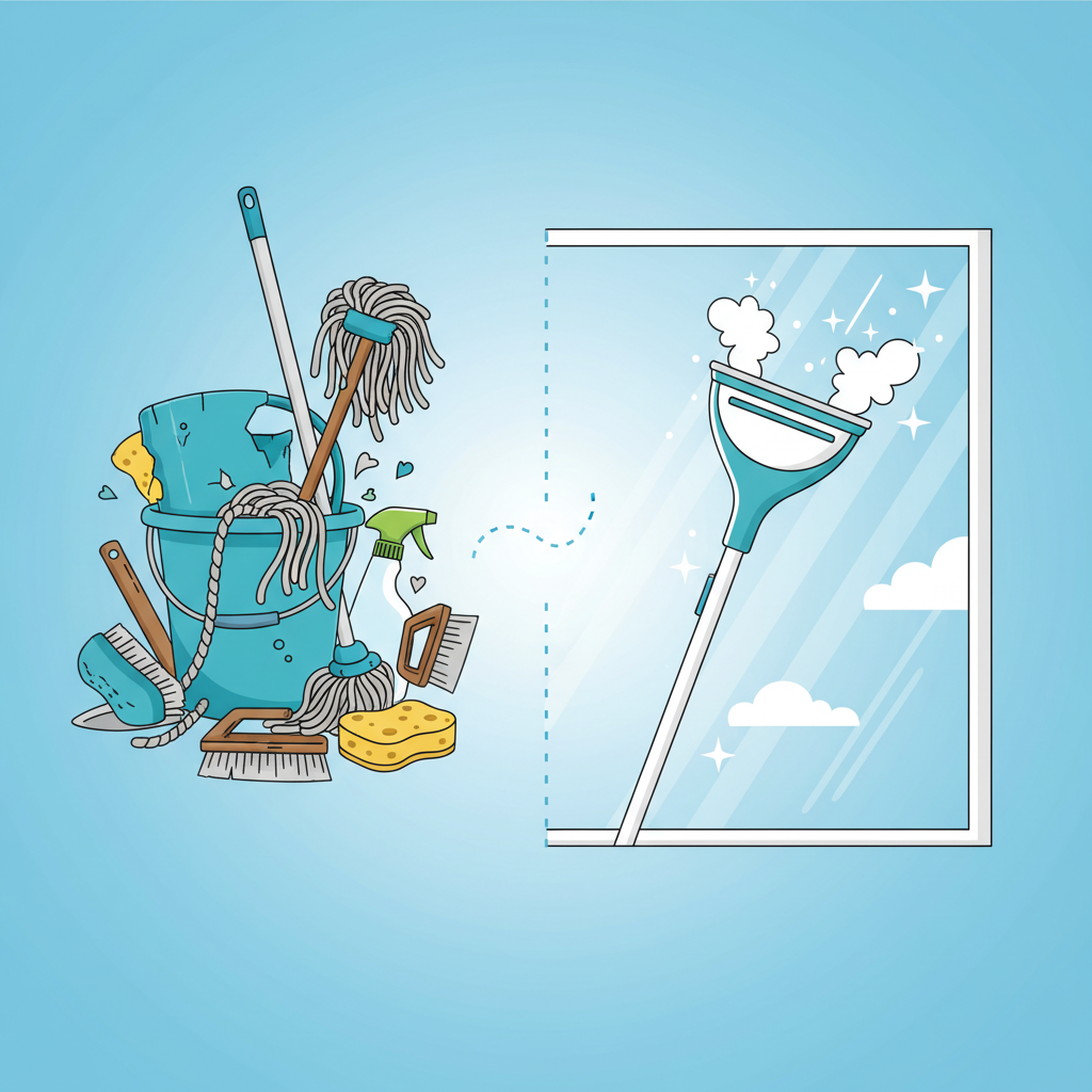 A modern vector illustration showing a streamlined, efficient process. On the left, a cluttered array of traditional cleaning tools like a bucket, sponge, and spray bottle are depicted, implying complexity. On the right, a sleek, compact steam cleaner is effortlessly glides across a window, leaving behind a perfectly clear, reflective surface with a subtle 'sparkle' effect, symbolizing speed and ease of use. The color palette should be bright and appealing.