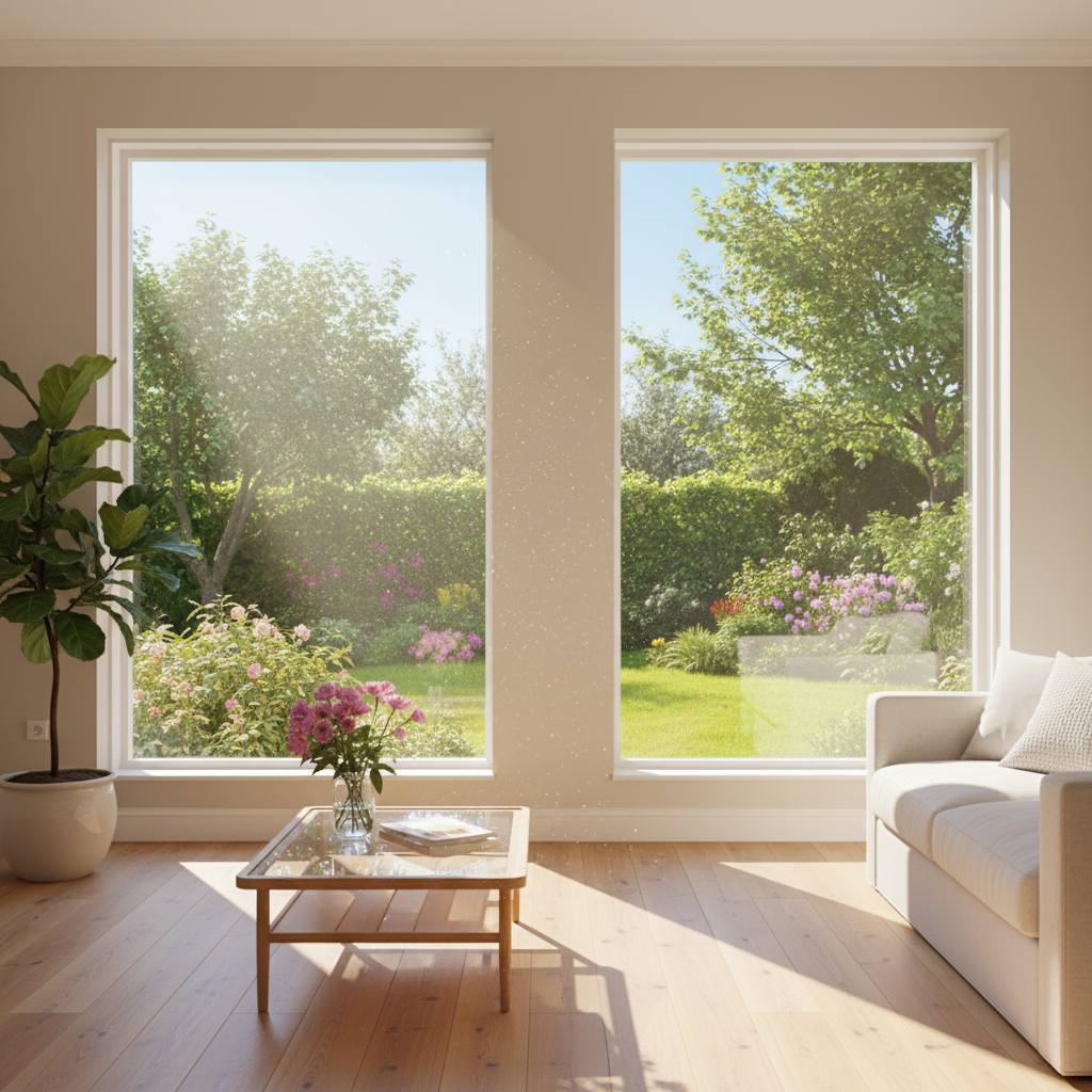 A bright, sunny room with pristine, streak-free windows revealing a vibrant outdoor scene (e.g., a green garden or a city skyline). Sunlight streams through, illuminating dust motes in the air, but the window itself is impeccably clear. The overall mood is fresh, airy, and inviting. Professional photo, natural lighting, high dynamic range.