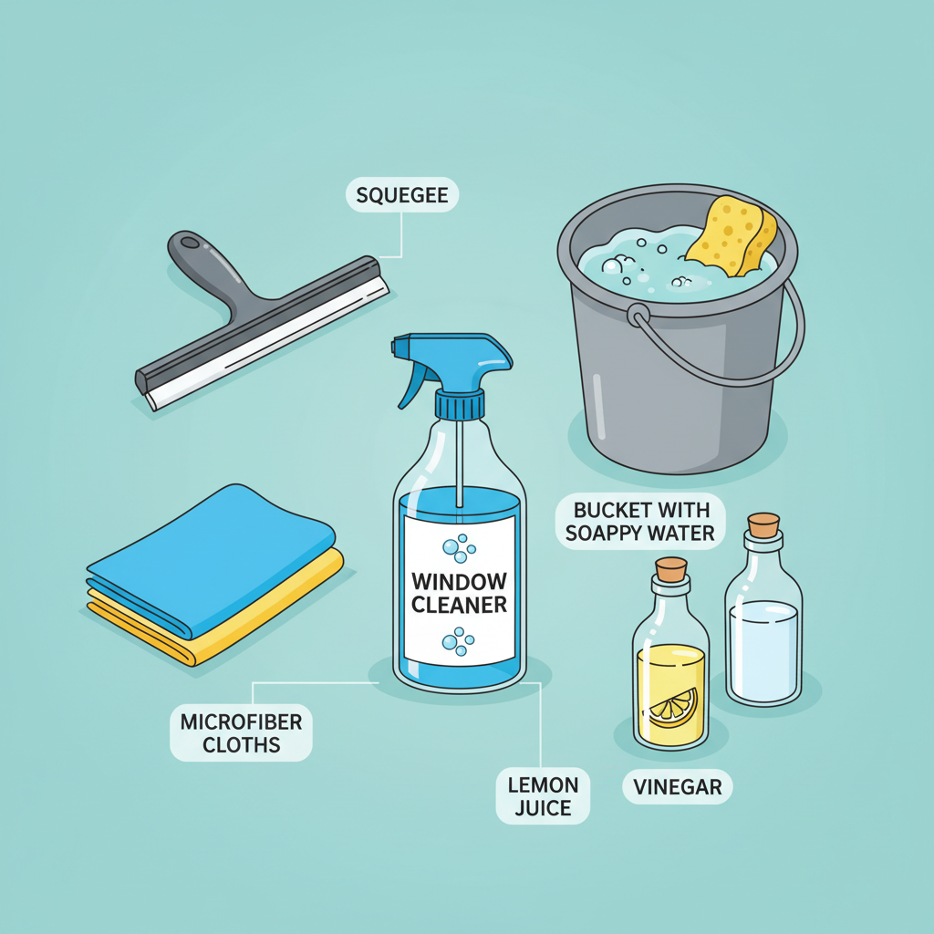 An infographic-style illustration showcasing various essential window cleaning tools arranged neatly on a clean surface. Include a spray bottle, microfiber cloths, a squeegee, a bucket with soapy water, and possibly some common household cleaning agents like vinegar or lemon. Each item should be clearly identifiable with small, illustrative labels. Flat illustration, clean lines, bright and friendly color palette.