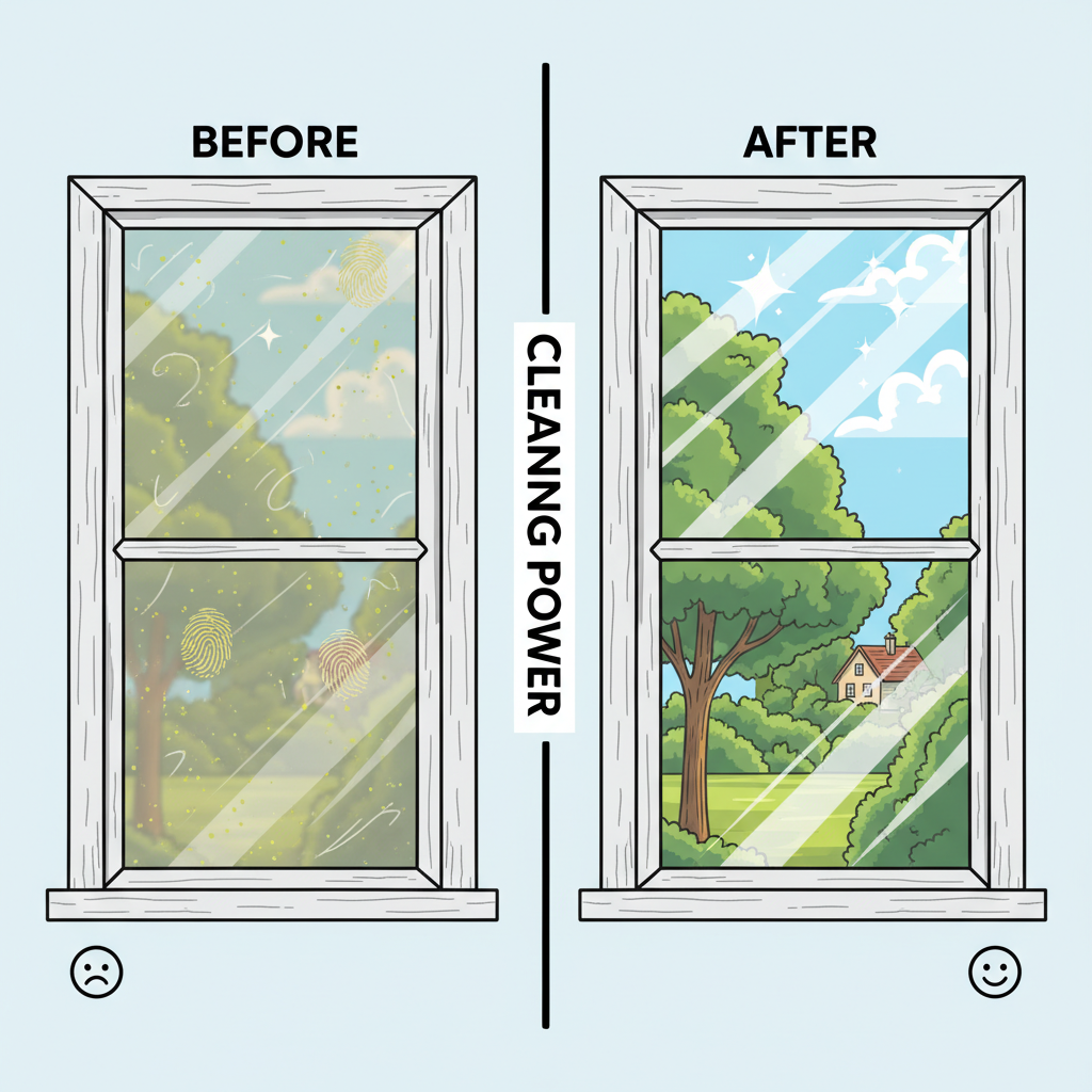 A split-panel illustration or graphic showing a 'before and after' comparison of a window. The 'before' side depicts a window covered in visible smudges, fingerprints, and some dust/pollen, making the view hazy. The 'after' side shows the exact same window, now sparkling clean and transparent, with a clear, inviting view outside. Stylized illustration, clear contrast, conveying immediate improvement.