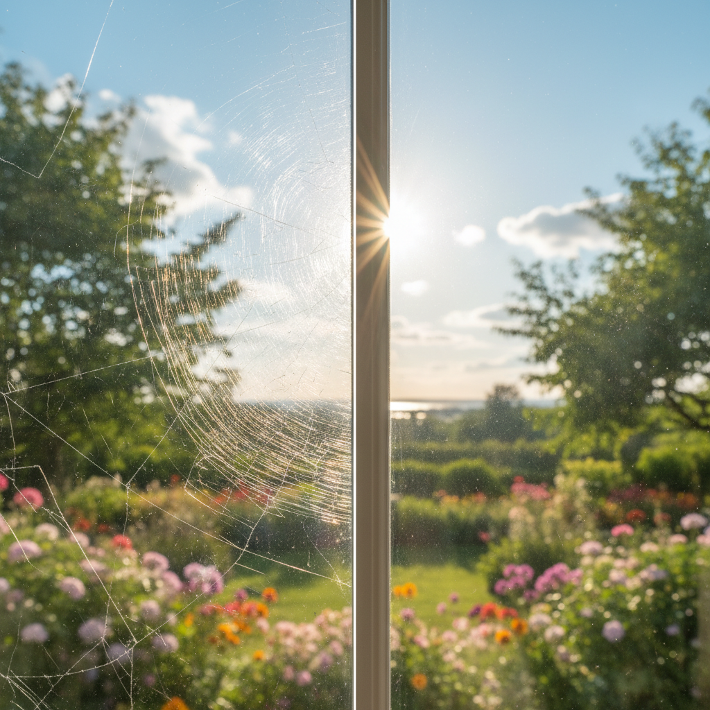 A visually striking split image of a window pane. On the left side, the glass is noticeably marred by fine, spiderweb-like scratches, distorting the view of a bright, sunny outdoor scene beyond. On the right side, the exact same window pane section is pristine and perfectly clear, reflecting the sunlight sharply and offering an unobstructed, crystal-clear view of the identical outdoor scene. The contrast between the dull, scratched glass and the sparkling, restored glass should be highly emphasized, conveying immediate clarity and successful repair. Professional photo, clean, bright aesthetic.