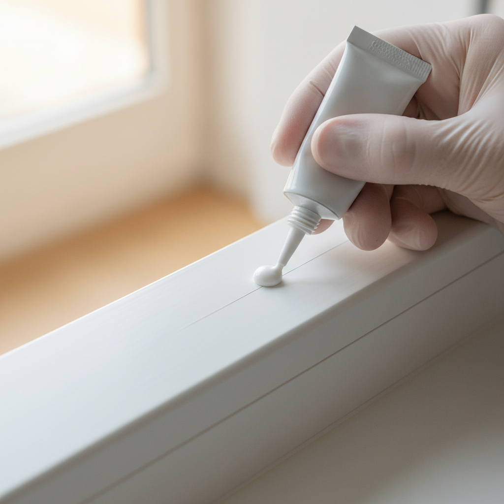 A close-up, high-angle shot of a section of a white PVC window frame with a visible, fine scratch. A person's hand, wearing a clean glove, is carefully applying a specialized repair paste or liquid from a small tube onto the scratch. The background is softly blurred, suggesting an indoor setting. The scene should convey a sense of meticulous repair and attention to detail, highlighting the contrast between the damaged and potentially repaired sections of the frame. The overall aesthetic should be bright, clean, and optimistic. Style: Professional photo with a shallow depth of field.