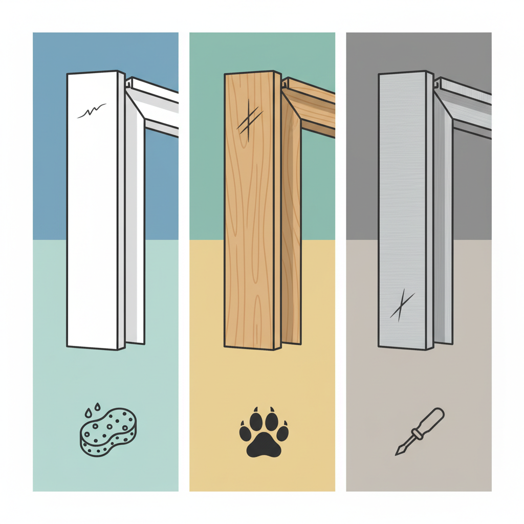 A clean, infographic-style illustration depicting three distinct sections, each showcasing a different window frame material: one for smooth white plastic (PVC), one for light brown wood grain, and one for brushed metallic aluminum. Each section features a subtle, stylized scratch on the frame surface. Below or adjacent to each frame type, a small, illustrative icon represents a common cause of scratches, such as a gentle cleaning sponge for plastic, a stylized pet paw print for wood, and a small hand tool for aluminum. The color palette should be modern and inviting. Style: Flat illustration with clean lines and a clear, illustrative purpose.