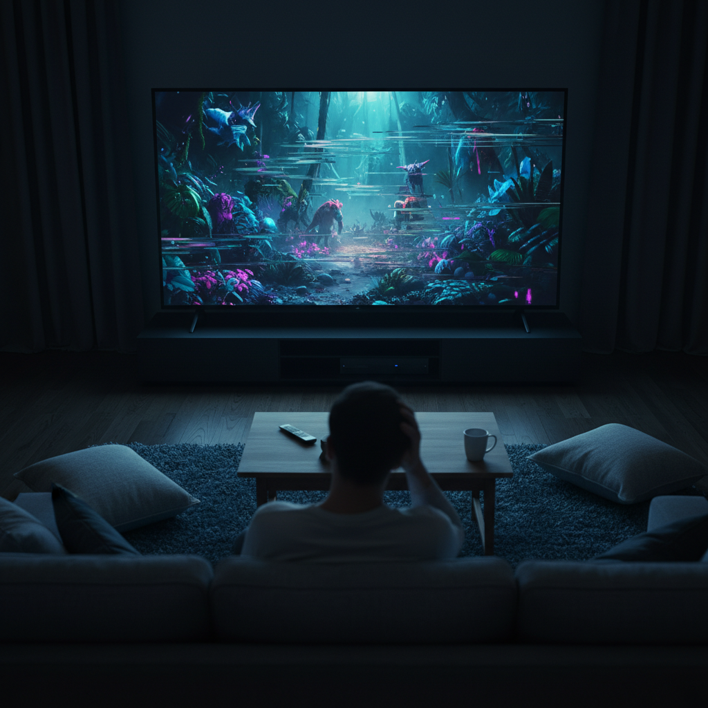 A professional photo of a modern flat-screen television (e.g., LED, OLED) in a dimly lit, cozy living room. The screen displays a colorful, dynamic image (e.g., a movie scene), but it is visibly flickering with subtle, wavy distortions and intermittent brightness fluctuations. A person's blurred silhouette sits on a couch, observing the screen with a slightly concerned or frustrated posture. The focus is on the visual disruption of the TV picture.