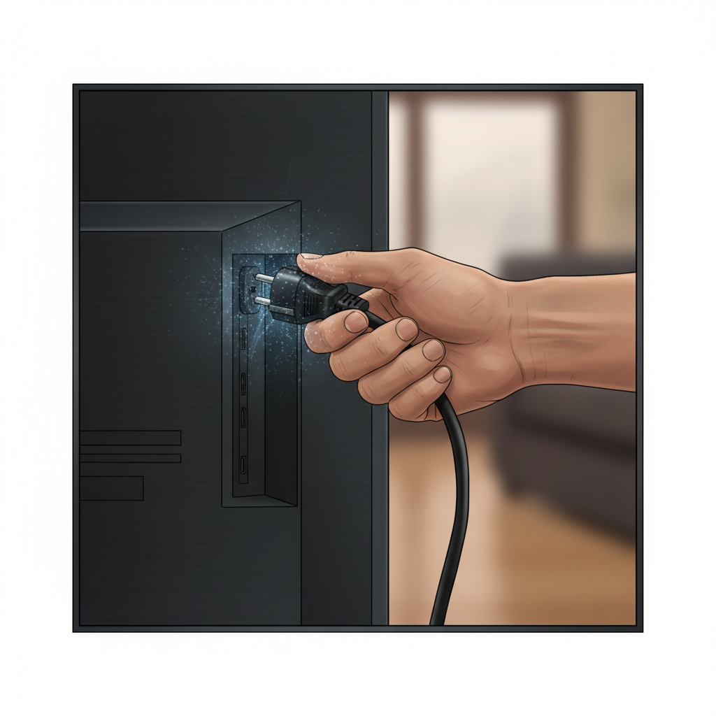 A close-up, detailed illustration in a realistic style, focusing on the back of a modern flat-screen TV. A human hand (male or female) is shown firmly pushing a power cable's plug into the TV's power port. The cable itself appears slightly loose or partially disconnected, with a faint, subtle static or visual interference effect originating from the connection point, hinting at the problem being resolved or detected.